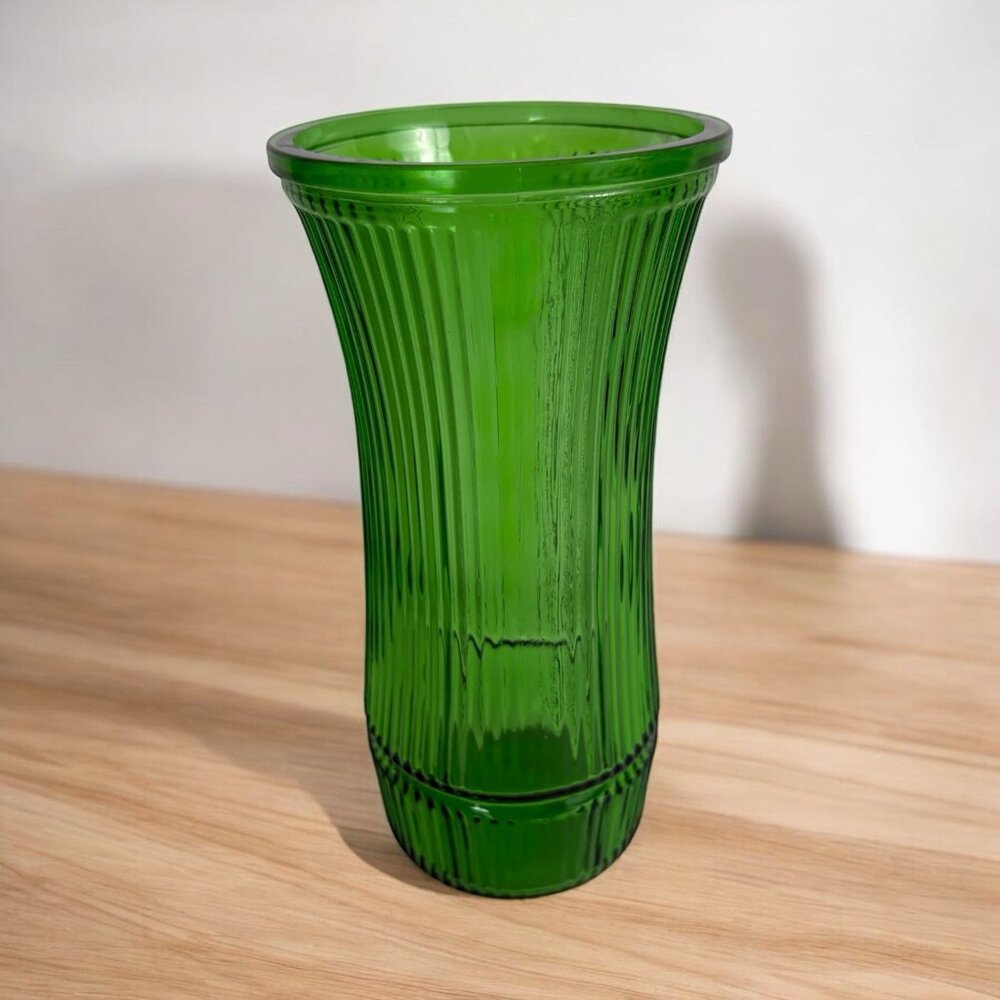 Vintage Hoosier 9.5 Inch Tall Green Glass Vase Ribbed Stamped 4088-8 VTG